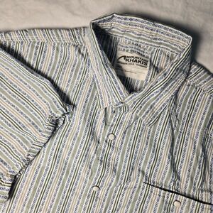 Mountain Khakis Mens Large Short Sleeve Snap Button Shirt Blue Green Geometric